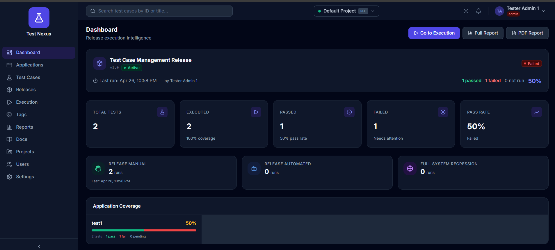 Test Nexus Dashboard — test case management, execution tracking, and reports